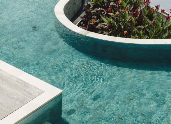 Modern swimming pool with lush green plants and flowers.